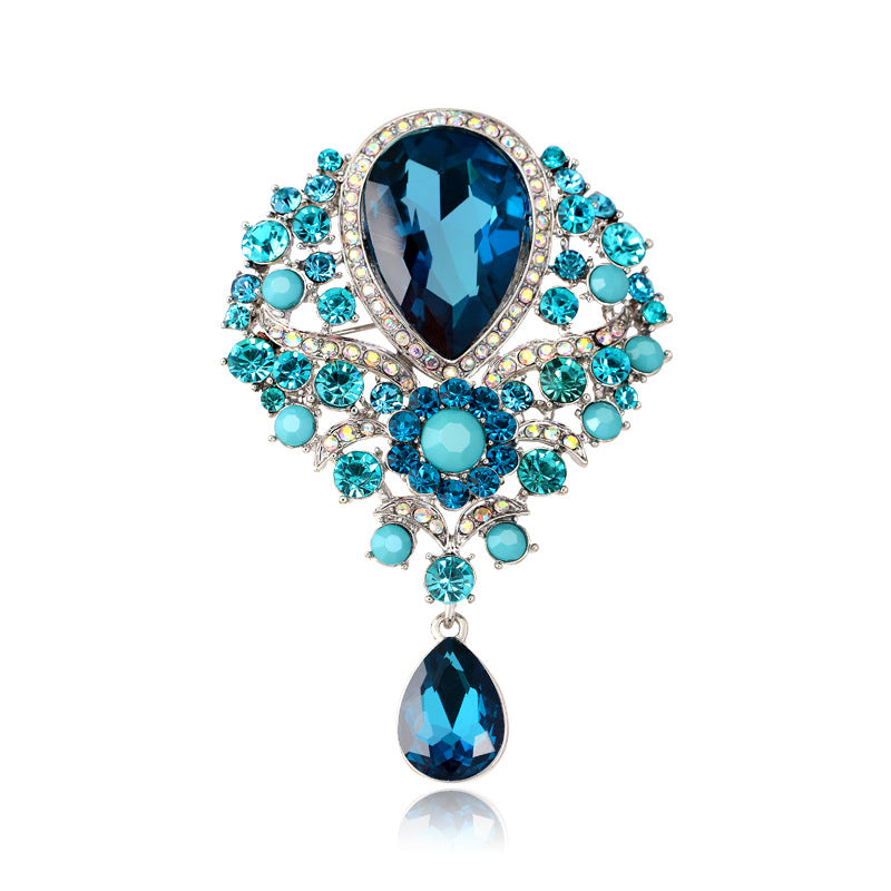 Rhinestone Alloy Floral Brooch with Glass Pendant