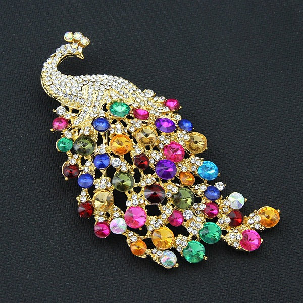 Rainbow Gemstone Peacock Brooch – Sparkling Statement Accessory