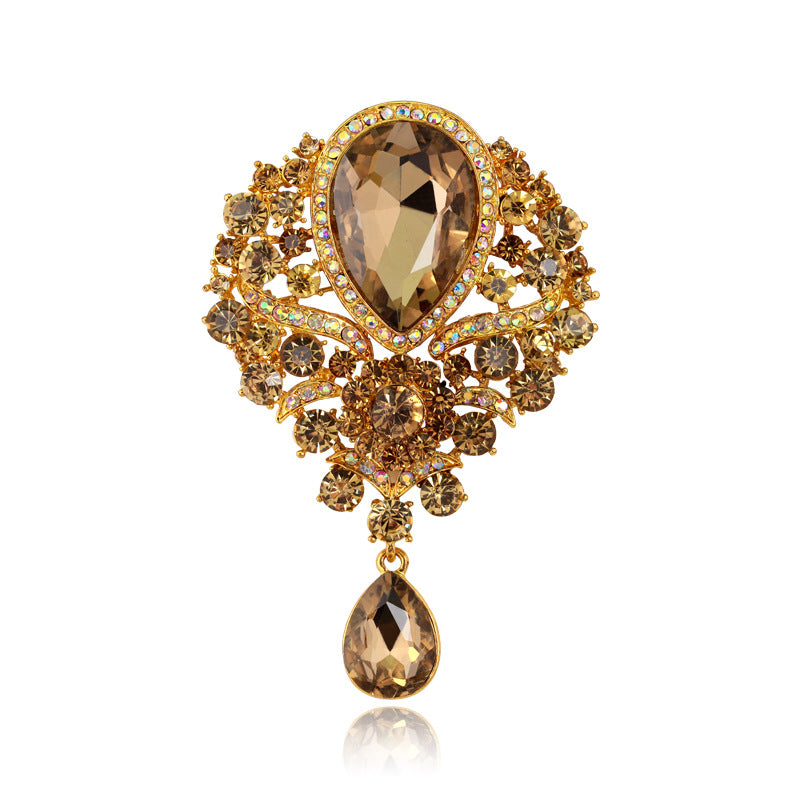 Rhinestone Alloy Floral Brooch with Glass Pendant