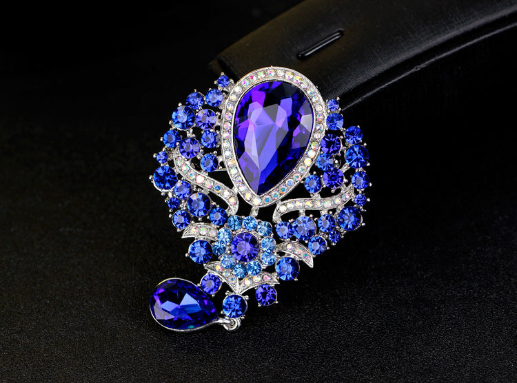 Rhinestone Alloy Floral Brooch with Glass Pendant