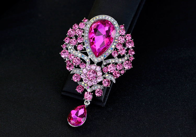Rhinestone Alloy Floral Brooch with Glass Pendant