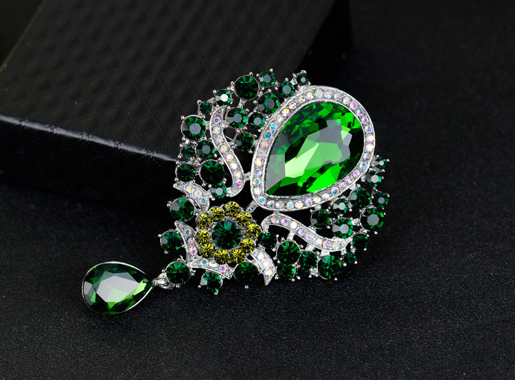 Rhinestone Alloy Floral Brooch with Glass Pendant