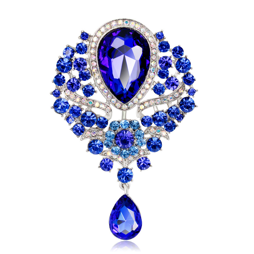 Rhinestone Alloy Floral Brooch with Glass Pendant
