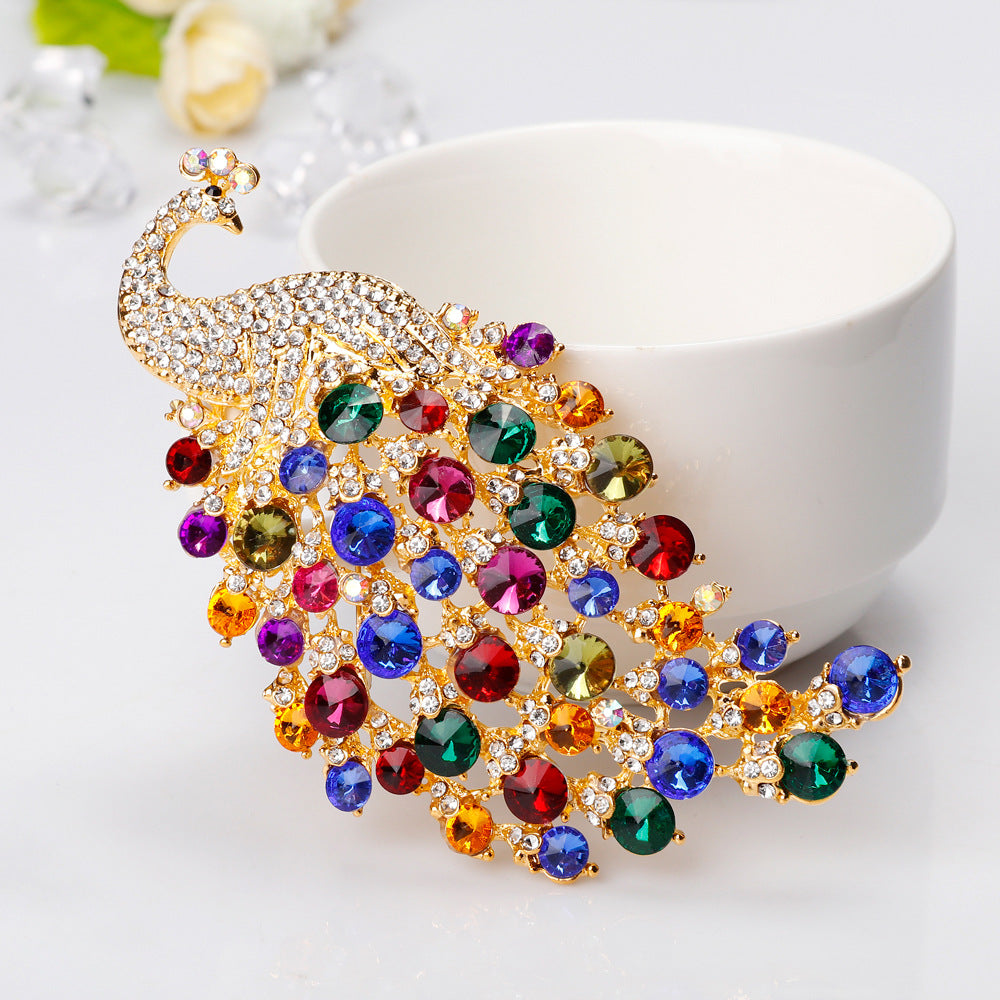 Rainbow Gemstone Peacock Brooch – Sparkling Statement Accessory