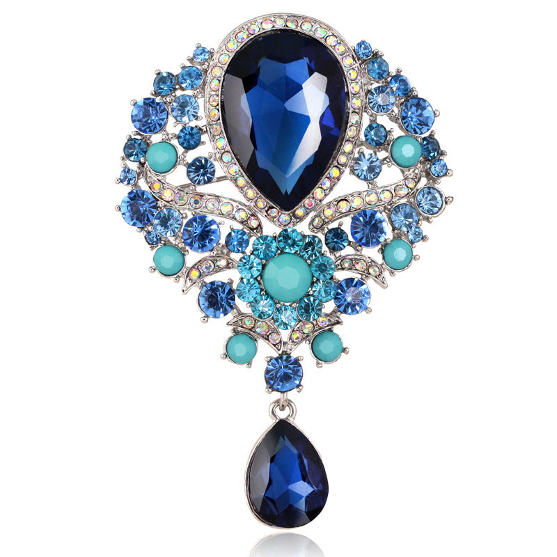 Rhinestone Alloy Floral Brooch with Glass Pendant