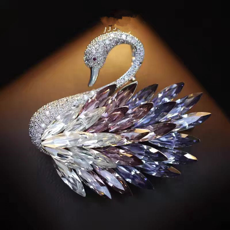 Elegant Swan Crystal Brooch – Purple & Clear Sparkling Pin