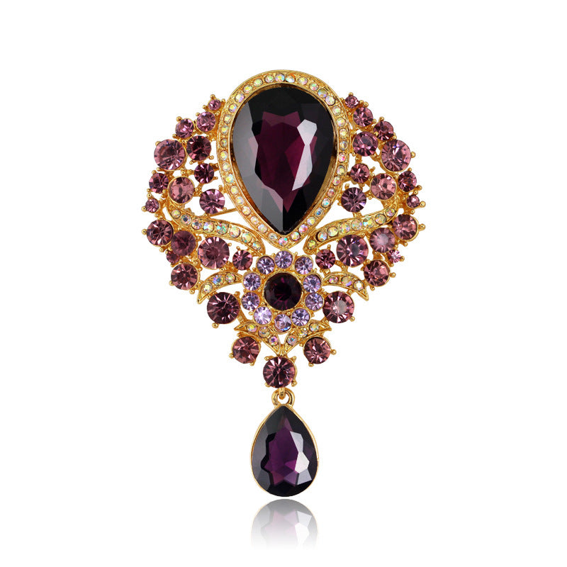Rhinestone Alloy Floral Brooch with Glass Pendant