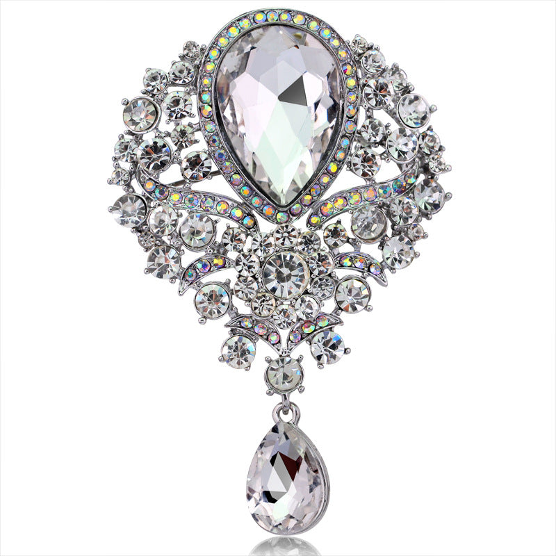 Rhinestone Alloy Floral Brooch with Glass Pendant