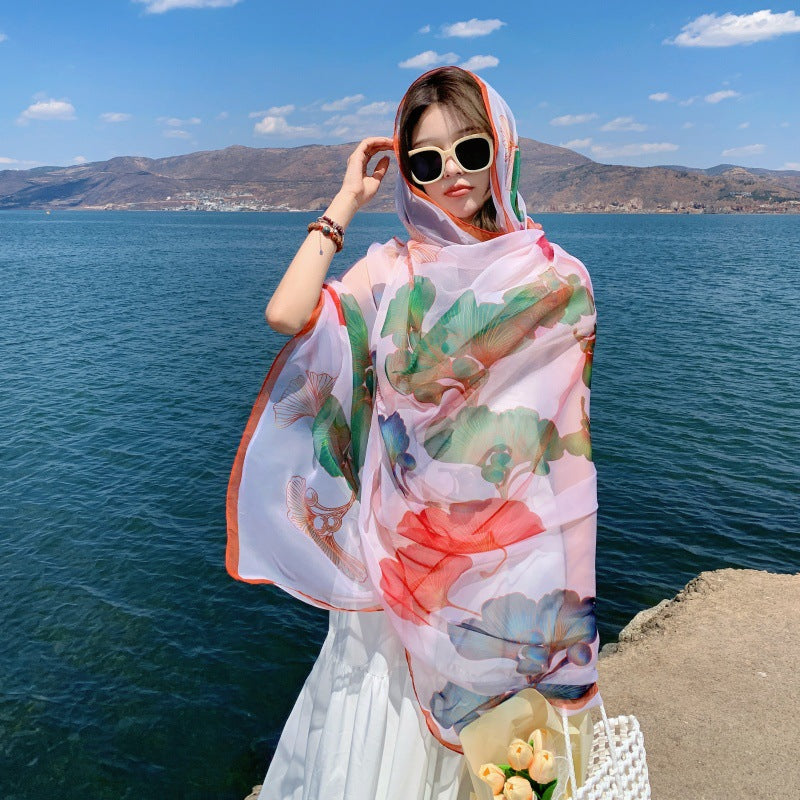 Ethnic Print Silk Beach Wrap Scarf – Breathable Mulberry Silk Cover-Up