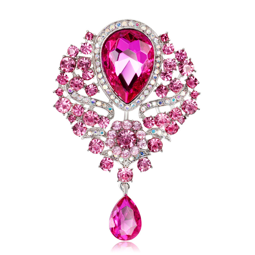 Rhinestone Alloy Floral Brooch with Glass Pendant