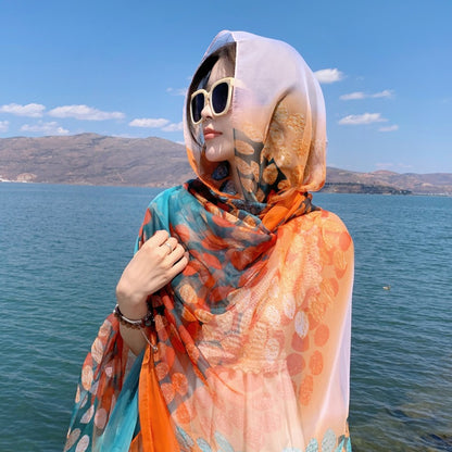 Ethnic Print Silk Beach Wrap Scarf – Breathable Mulberry Silk Cover-Up