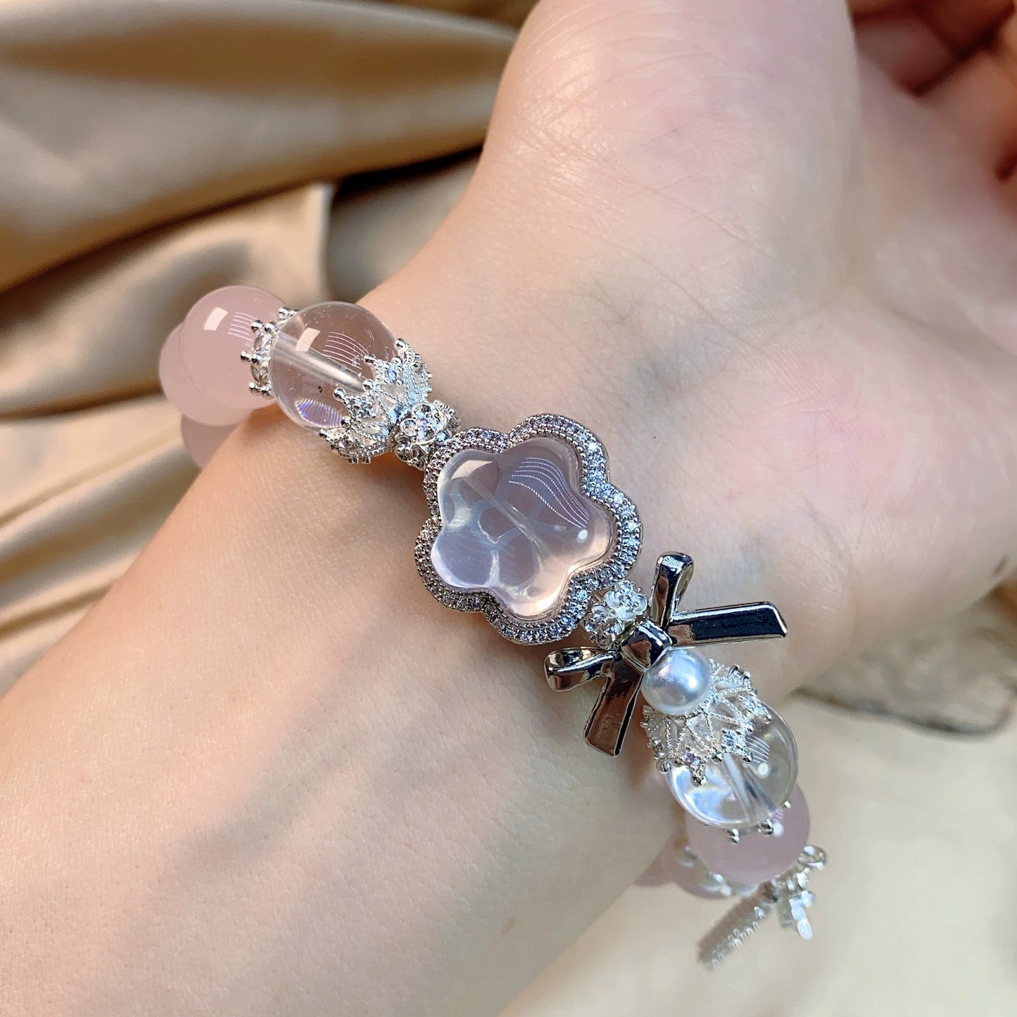 | Natural Grapefruit Rose Quartz Bracelet | Mini Star Luxe Woven Design |