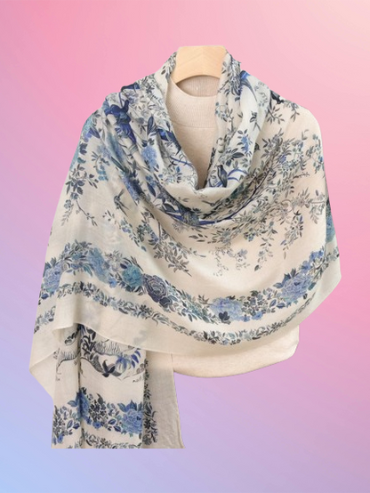 Blue Garden Reverie · Fine Wool Floral Scarf