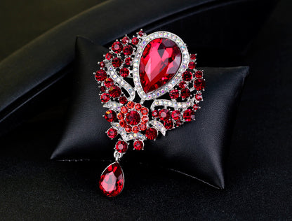Rhinestone Alloy Floral Brooch with Glass Pendant