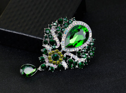 Rhinestone Alloy Floral Brooch with Glass Pendant
