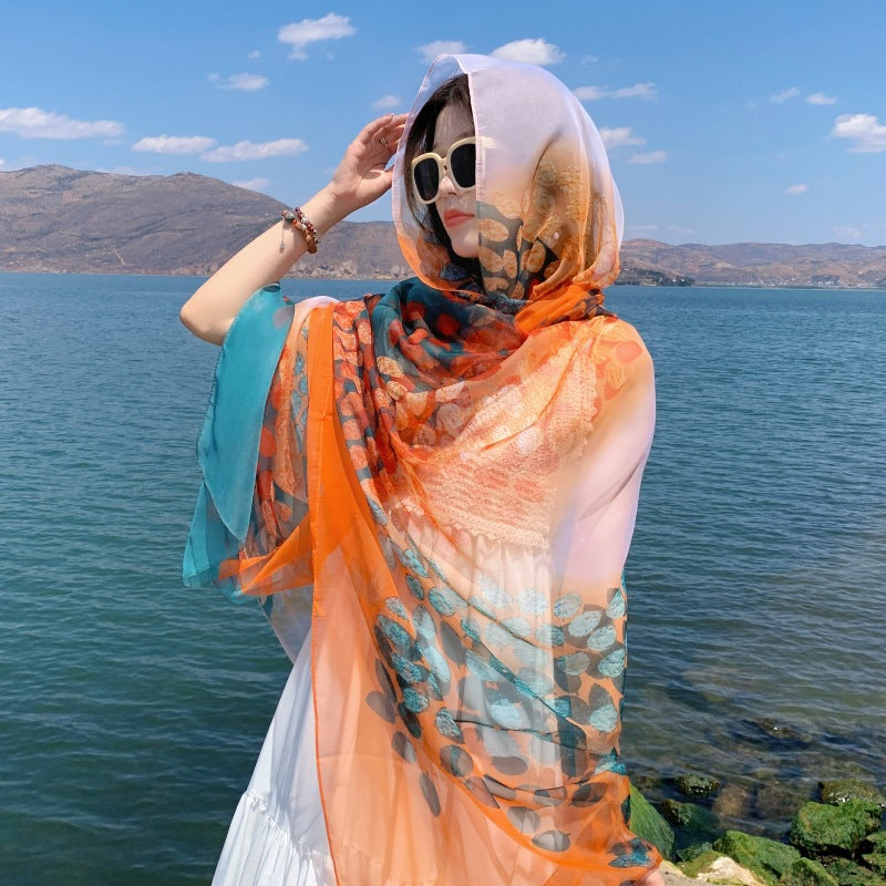 Ethnic Print Silk Beach Wrap Scarf – Breathable Mulberry Silk Cover-Up