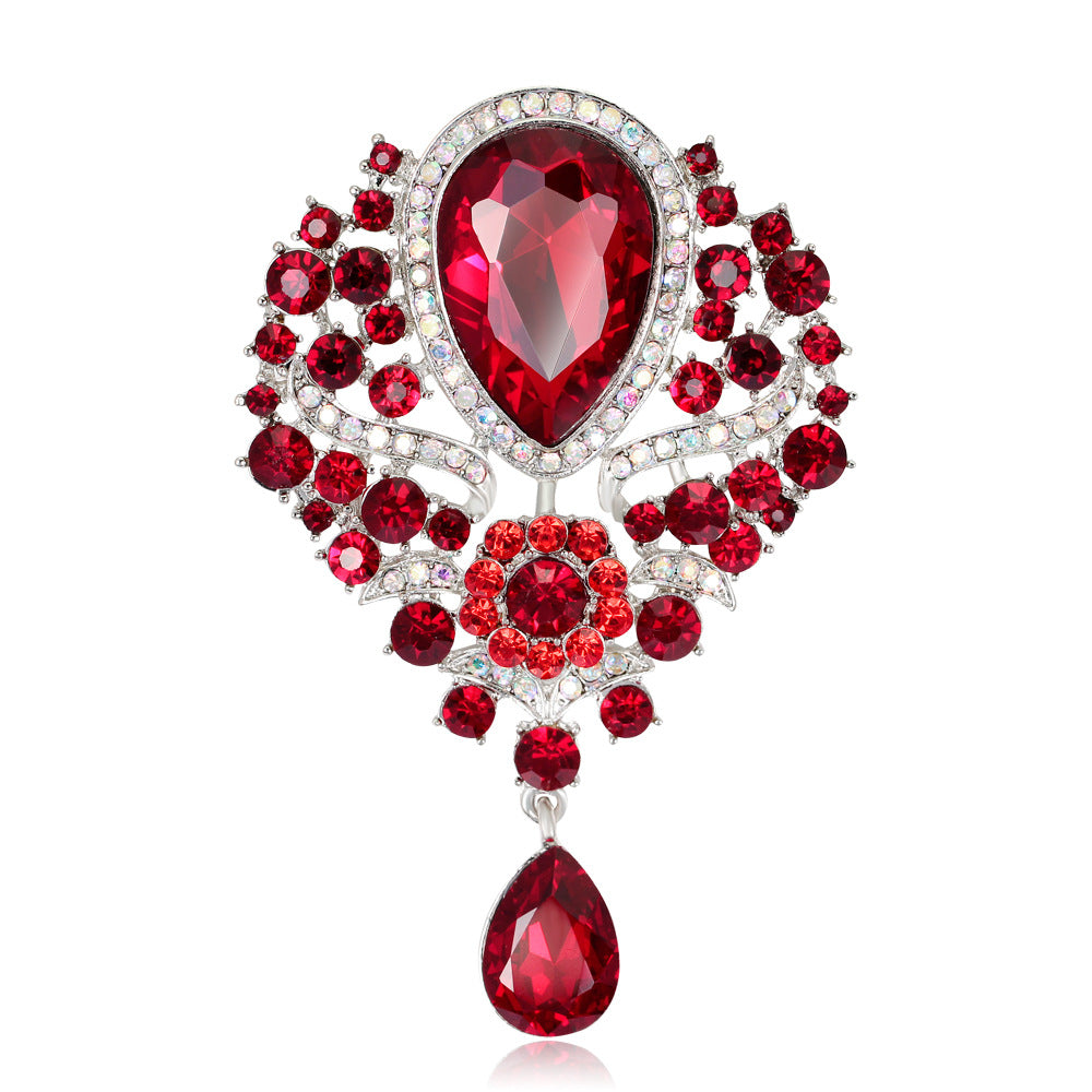 Rhinestone Alloy Floral Brooch with Glass Pendant