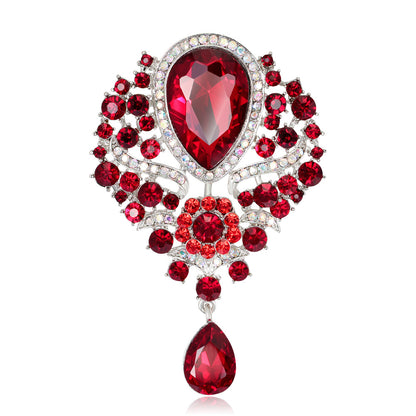 Rhinestone Alloy Floral Brooch with Glass Pendant