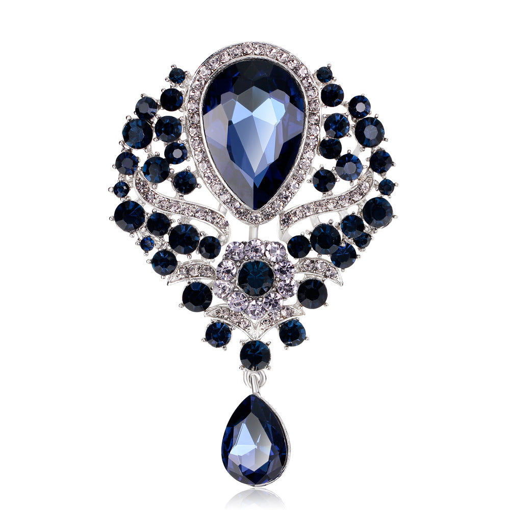 Rhinestone Alloy Floral Brooch with Glass Pendant