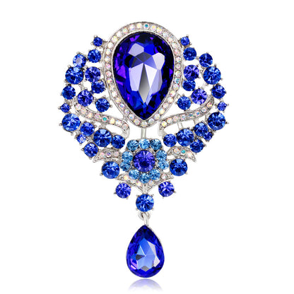 Rhinestone Alloy Floral Brooch with Glass Pendant