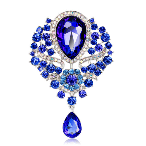 Rhinestone Alloy Floral Brooch with Glass Pendant