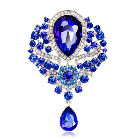 Rhinestone Alloy Floral Brooch with Glass Pendant