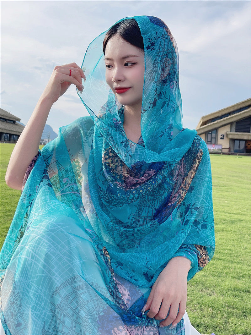Ethnic Print Silk Beach Wrap Scarf – Breathable Mulberry Silk Cover-Up
