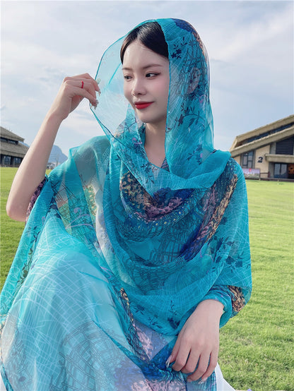Ethnic Print Silk Beach Wrap Scarf – Breathable Mulberry Silk Cover-Up