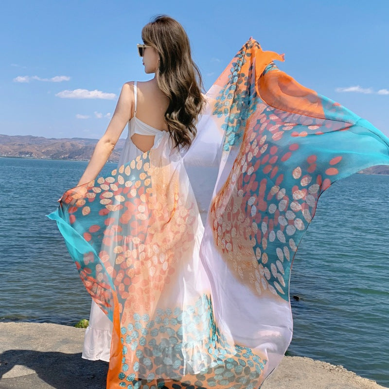Ethnic Print Silk Beach Wrap Scarf – Breathable Mulberry Silk Cover-Up