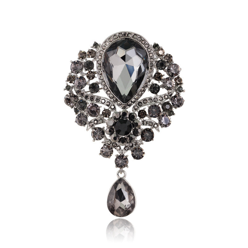 Rhinestone Alloy Floral Brooch with Glass Pendant