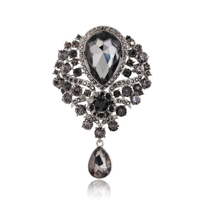 Rhinestone Alloy Floral Brooch with Glass Pendant