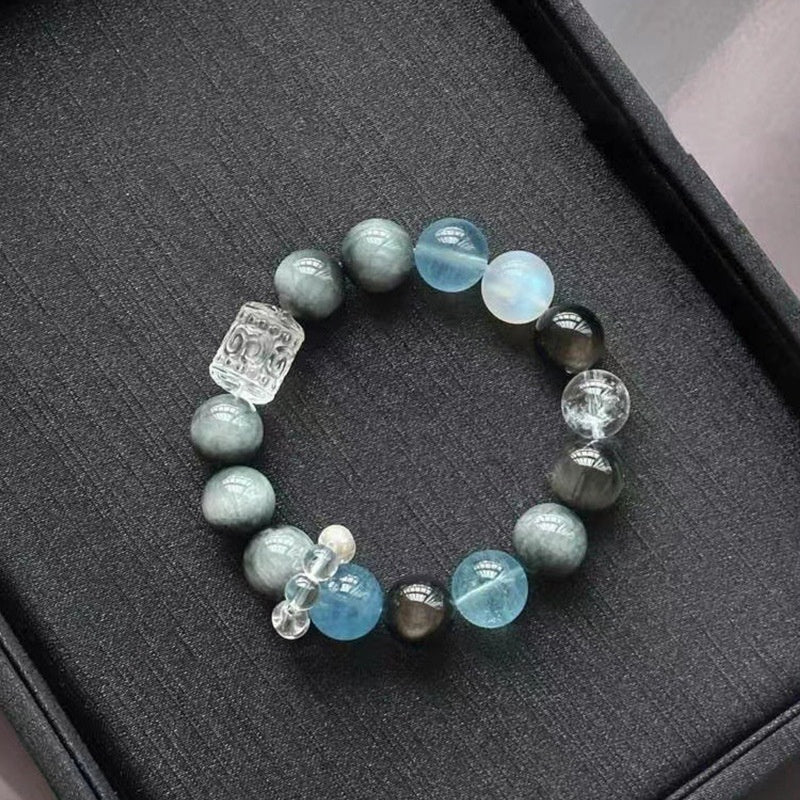 | White Agate Prayer Beads | Natural Eagle Eye Stone & Aquamarine Woven Bead Bracelet |