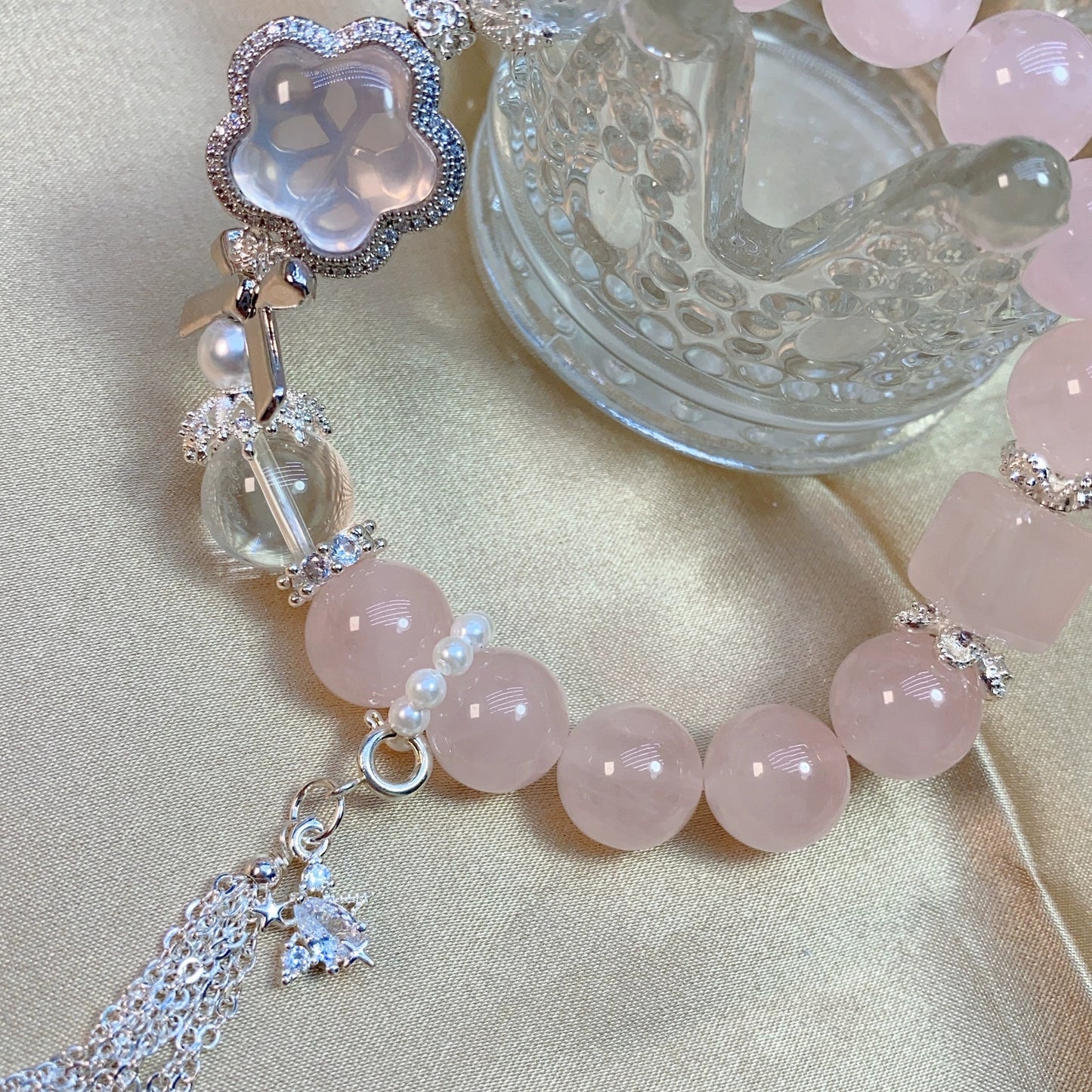 | Natural Grapefruit Rose Quartz Bracelet | Mini Star Luxe Woven Design |