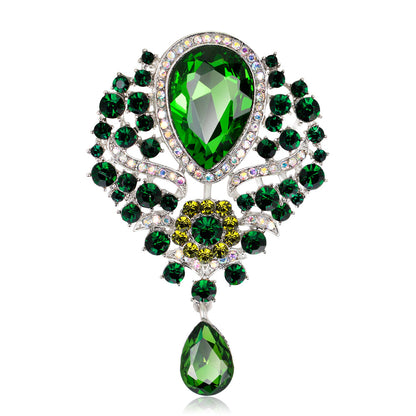 Rhinestone Alloy Floral Brooch with Glass Pendant