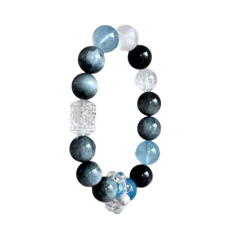 | White Agate Prayer Beads | Natural Eagle Eye Stone & Aquamarine Woven Bead Bracelet |