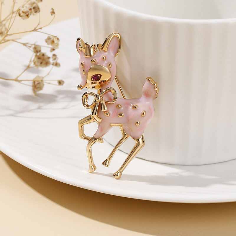 Adorable Pink Deer Brooch with Deep Purple Eyes — Playful & Unique Statement