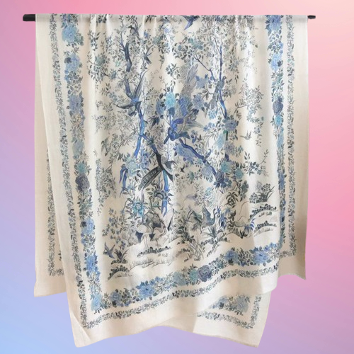 Blue Garden Reverie · Fine Wool Floral Scarf