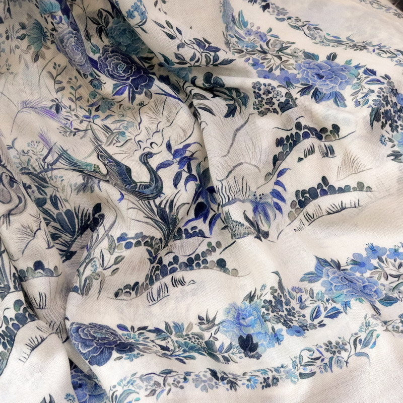 Blue Garden Reverie · Fine Wool Floral Scarf