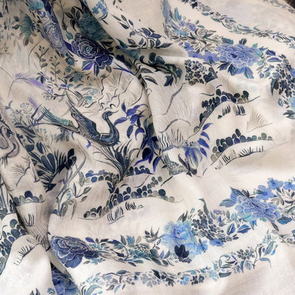 Blue Garden Reverie · Fine Wool Floral Scarf