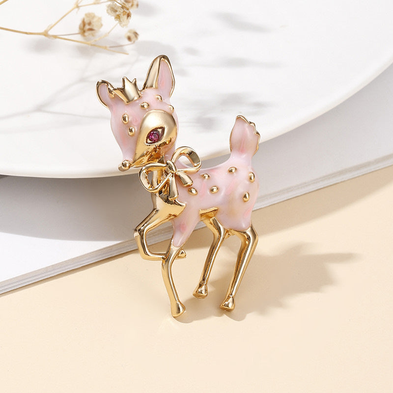 Adorable Pink Deer Brooch with Deep Purple Eyes — Playful & Unique Statement