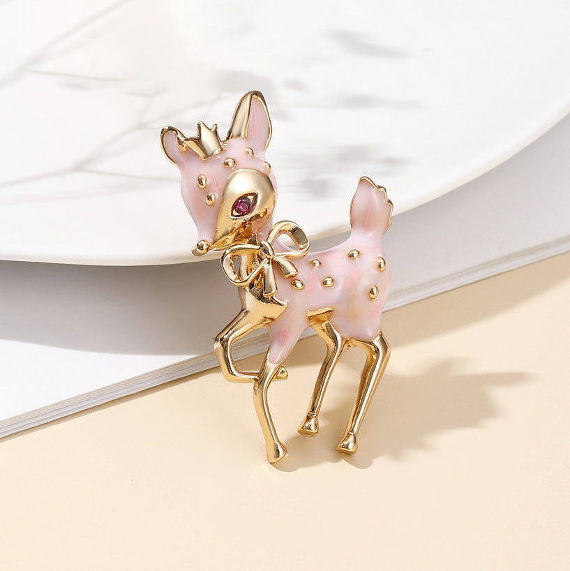 Adorable Pink Deer Brooch with Deep Purple Eyes — Playful & Unique Statement
