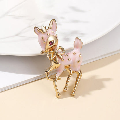 Adorable Pink Deer Brooch with Deep Purple Eyes — Playful & Unique Statement