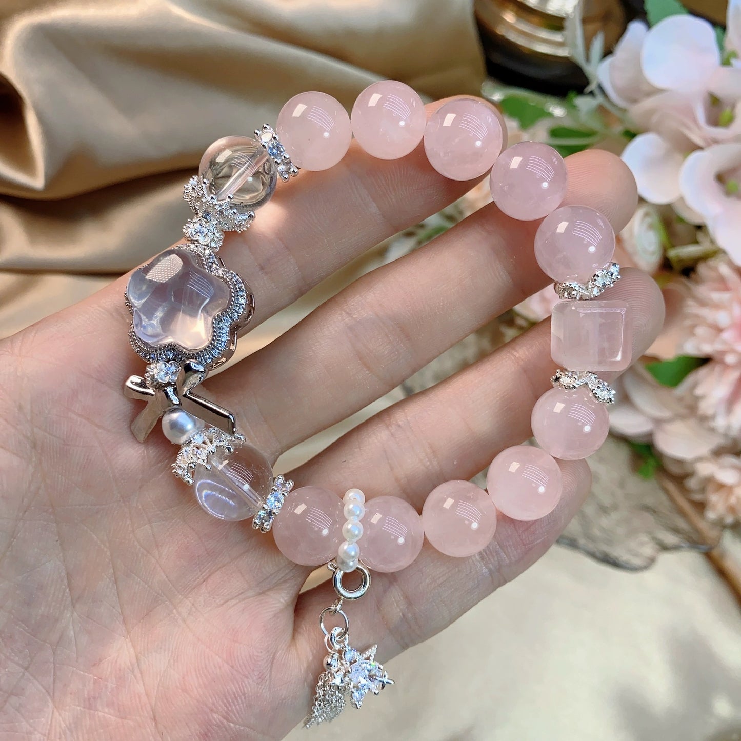 | Natural Grapefruit Rose Quartz Bracelet | Mini Star Luxe Woven Design |