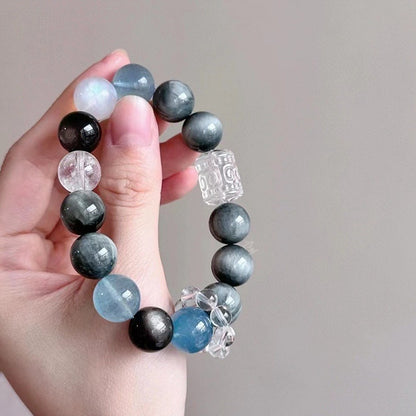 | White Agate Prayer Beads | Natural Eagle Eye Stone & Aquamarine Woven Bead Bracelet |