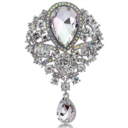 Rhinestone Alloy Floral Brooch with Glass Pendant