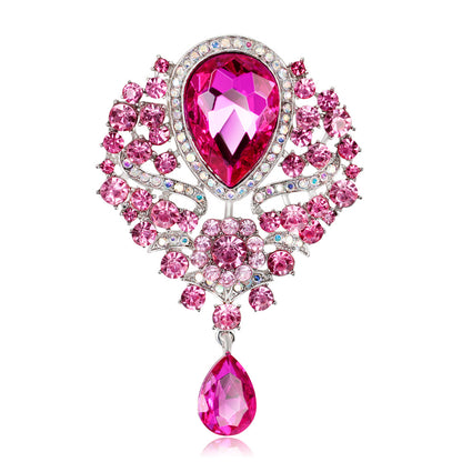 Rhinestone Alloy Floral Brooch with Glass Pendant
