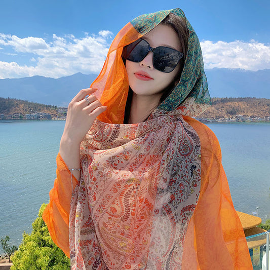 Ethnic Print Silk Beach Wrap Scarf – Breathable Mulberry Silk Cover-Up